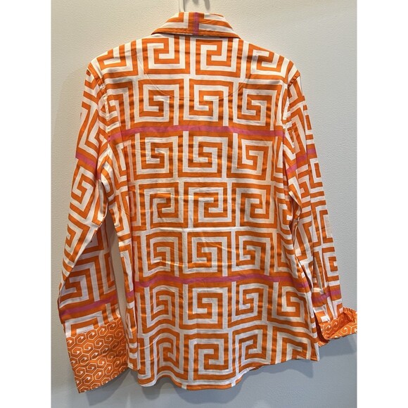 Tizzie Shirt Women L Orange Pink Geometric Print Button Down Long Sleeve Stretch - Picture 5 of 9